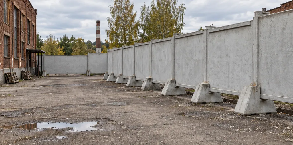 Линия крупных бетонных панелей на отдельных опорах возле старого краснокирпичного фабричного корпуса